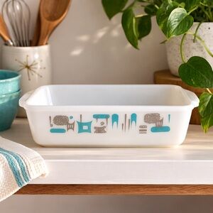 Vintage Fire King Atomic Blue Heaven Milk Glass Loaf Pan 9”x 5” Anchor Hocking